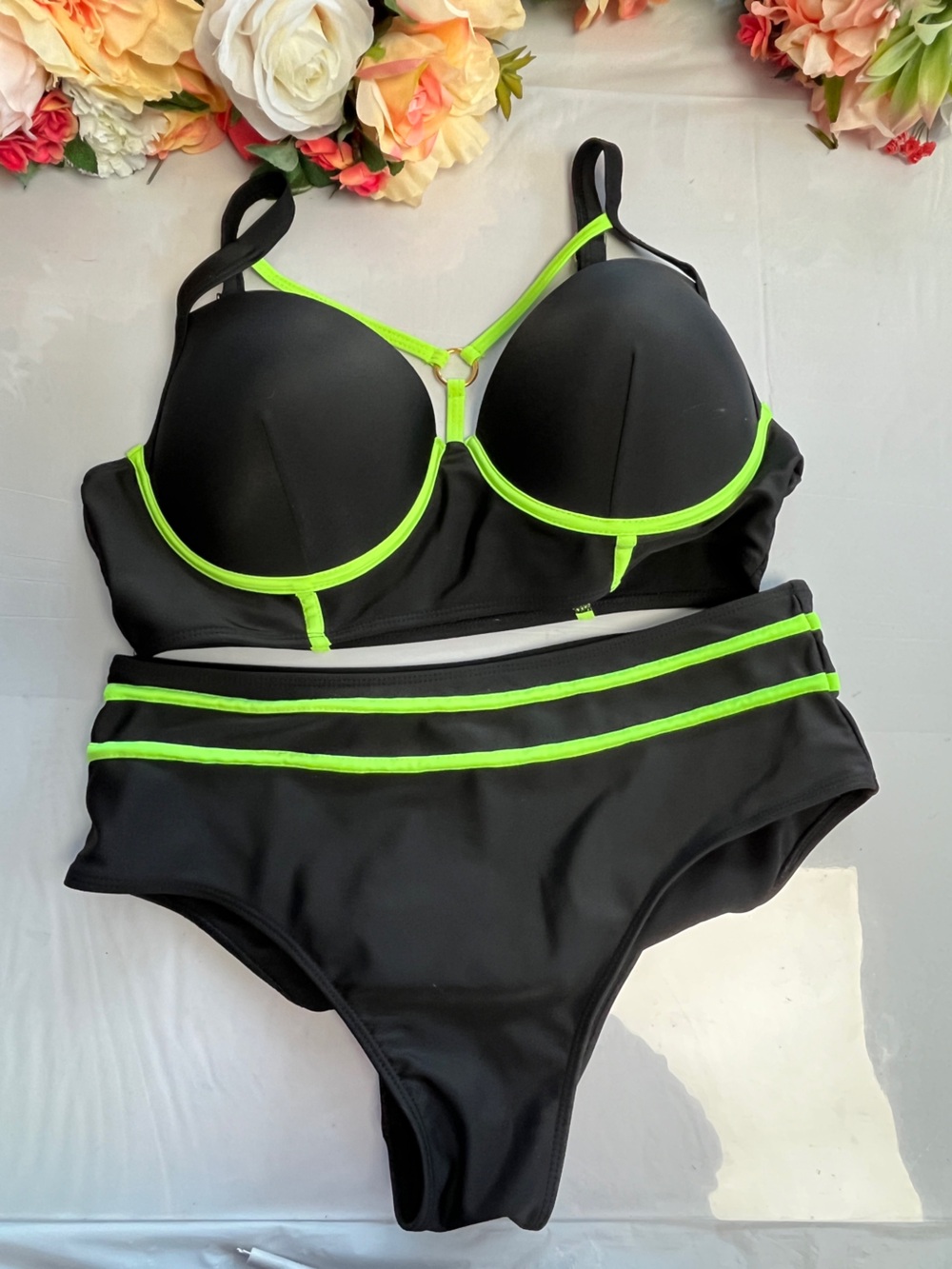 Black Neon Green Two Piece Padded Bikini Swim Set Size 0XL